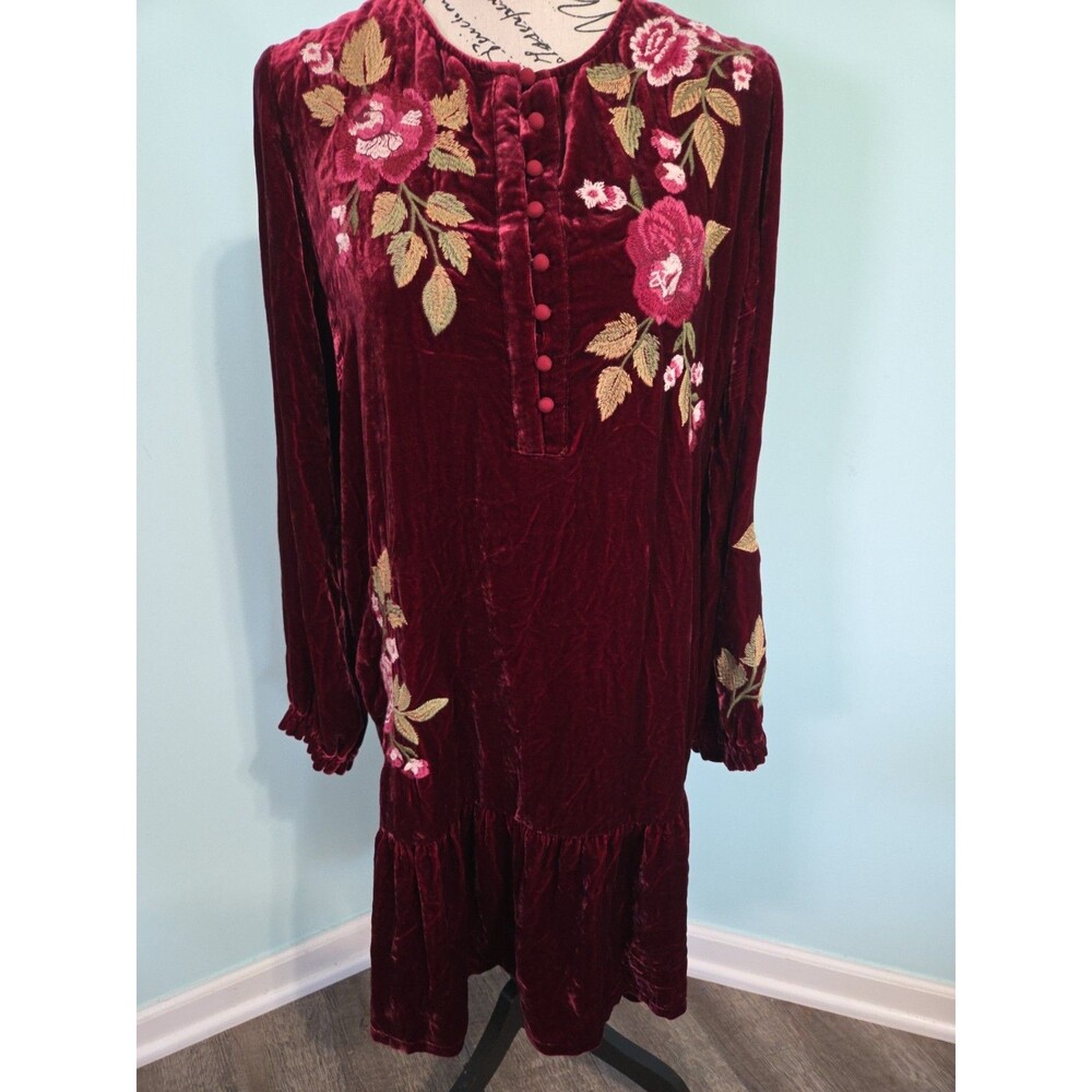 Johnny Was Dress Floral Embroidered Silk Velvet Boho burgundy small
